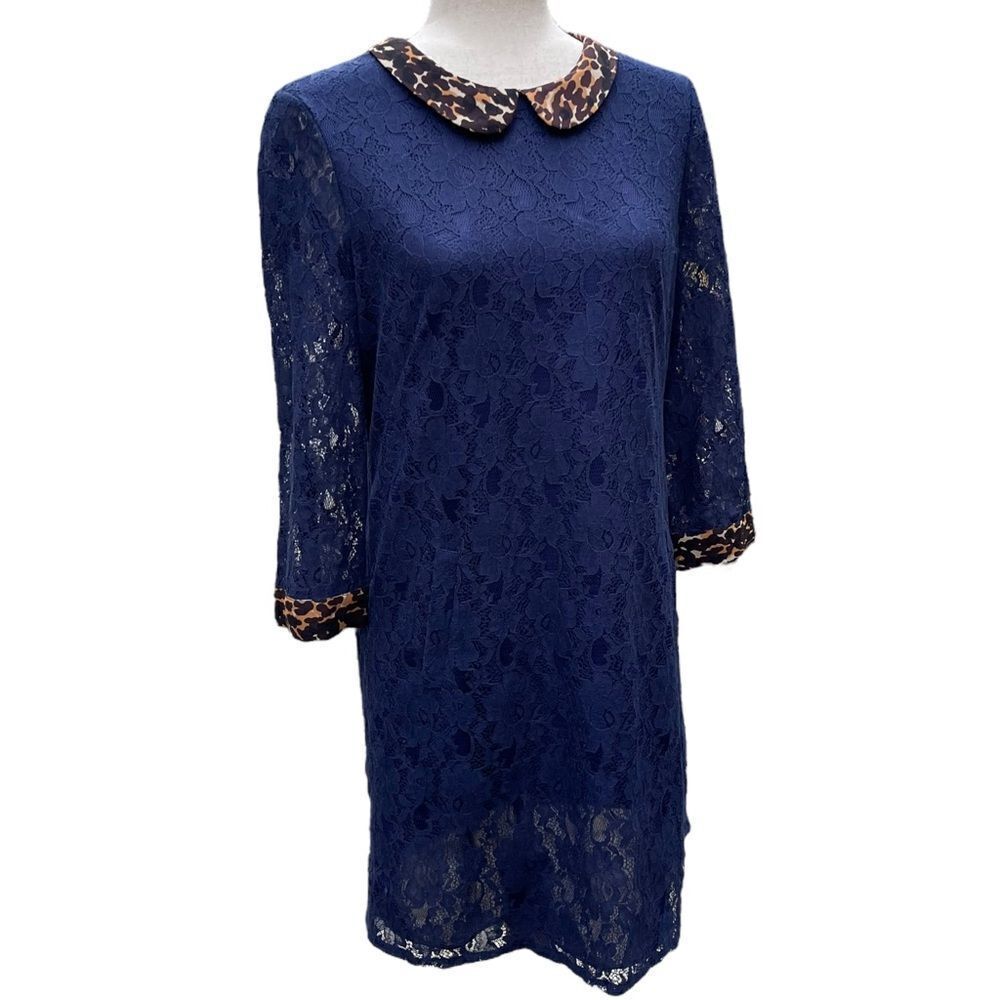 Whistles Navy Blue Lace Mini Dress Animal Print Leopard Silk Collar Cuff Trim - Picture 3 of 8